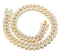 HALUKAKAH Diamant Chaîne Or pour Hommes,20MM Rhombe Éclair Diamants à Trois Rangs Plaqué Or Véritable 18K Collier 40cm,Cz Complet Taille Diamant Ensemble Griffes,Cadeau pour Lui