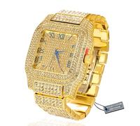 HALUKAKAH Diamant Premium Montre Or pour Hommes - Plaqué Or Véritable 18k,Imperméable Base,Cadran Carré à Chiffres Romains,200G Fabrication Lourde,3 Côtés Iced Out,Bracelet 24cm - Boite Inclus