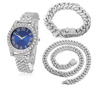 HALUKAKAH Diamants Montre en Or,Enfant Plaqué Platine Or Blanc 36MM Largeur Bleu Cadran Quartz 20cm avec Chaîne Cubains 18+40cm Bracelet Collier, Boîte Cadeau Gratuite