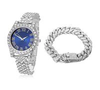 HALUKAKAH Diamants Montre en Or,Enfant Plaqué Platine Or Blanc 36MM Largeur Bleu Cadran Quartz 20cm avec Chaîne Cubains 18cm Bracelet, Boîte Cadeau Gratuite