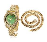 HALUKAKAH Diamants Montre en Or,Femme Or Véritable 18K Plated 36MM Largeur Vert Cadran Quartz 20cm avec Chaîne Cubains 40cm Nacklace,Boîte Cadeau Gratuite