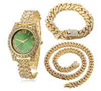 HALUKAKAH Diamants Montre en Or,Femme Or Véritable 18K Plated 36MM Largeur Vert Cadran Quartz 20cm avec Chaîne Cubains 18+40cm Bracelet Collier,Boîte Cadeau Gratuite
