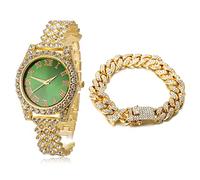 HALUKAKAH Diamants Montre en Or,Femme Or Véritable 18K Plated 36MM Largeur Vert Cadran Quartz 20cm avec Chaîne Cubains 18cm Bracelet,Boîte Cadeau Gratuite