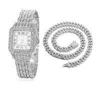 HALUKAKAH Diamants Montre en Or,Homme Plaqué Platine Or Blanc 33MM Largeur Largeur Cadran Carré Quartz 20cm avec Chaîne Cubains 45cm Necklace,Boîte Cadeau Gratuite