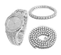 HALUKAKAH Diamants Montre en Or Iced Out, Hommes Plaqué Or Or Blanc Platine Quartz Bracelet 22cm Cadran Octogonal, avec Chaîne de Tennis Bracelet 20cm + Collier 45cm, Livrée avec Boîte Cadeau