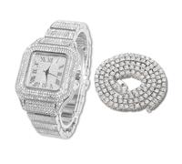 HALUKAKAH Diamants Montre en Or Iced Out, Hommes Plaqué Or Or Blanc Platine Quartz Bracelet 24cm Cadran Carré, avec Chaîne de Tennis Collier 45cm, Livrée avec Boîte Cadeau