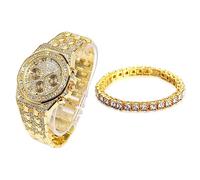 HALUKAKAH Diamants Montre en Or Iced Out, Hommes Plaqué Or Réel 18k Largeur 20mm Quartz Bracelet 22cm, avec Chaîne de Tennis Bracelet 20cm, Livrée avec Boîte Cadeau