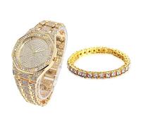 HALUKAKAH Diamants Montre en Or Iced Out, Hommes Plaqué Or Réel 18k Quartz Bracelet 22cm Cadran Octogonal, avec Chaîne de Tennis Bracelet 20cm, Livrée avec Boîte Cadeau