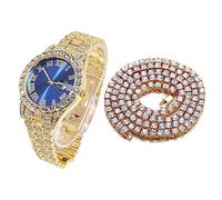 HALUKAKAH Diamants Montre en Or Iced Out, Hommes Plaqué Or Réel 18k Quartz Bracelet 24cm Cadran Bleu, avec Chaîne de Tennis Collier 45cm, Livrée avec Boîte Cadeau