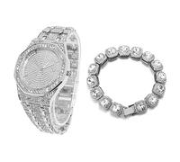 HALUKAKAH Diamants Montre en Or pour Hommes,Plaqué Or Blanc Platine Quartz Bracelet 22cm Cadran Octogonal,avec Diamant en Grappe Chaîne de Tennis Bracelet 20cm,avec Boîte Cadeau