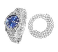 HALUKAKAH Diamants Montre en Or pour Hommes,Plaqué Or Blanc Platine Quartz Bracelet 24cm Cadran Bleu,avec Diamant en Grappe Chaîne de Tennis Collier 45cm,avec Boîte Cadeau