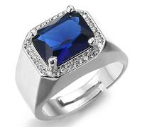 HALUKAKAH Diamond Ring with Blue Gemstone Crystal,Men's 18k Real White Gold Platinum Plated Iced Out Handset Lab Diamonds Black Agate Size Adjustable with Free Giftbox