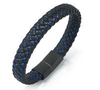 HALUKAKAH Enfants ● Jazz Junior ● Garçons Cuir Véritable Tresse à La Main Noir mélange Bleu Bracelet 6-12 Ans. Fermoir en Magnétique Titane Givré 18cm avec Coffret Cadeau
