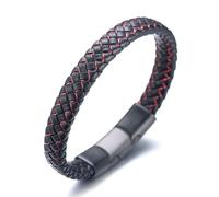 HALUKAKAH Enfants ● Jazz Junior ● Garçons Cuir Véritable Tresse à La Main Noir mélange Rouge Bracelet 6-12 Ans. Fermoir en Magnétique Titane Givré Taille Réglable 18-19.5cm avec Coffret Cadeau