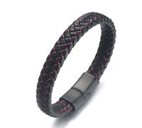 HALUKAKAH Enfants ● Jazz Junior ● Garçons Cuir Véritable Tresse à La Main Noir mélange Rouge Bracelet 6-12 Ans. Fermoir en Magnétique Titane Givré 18cm avec Coffret Cadeau