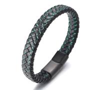 HALUKAKAH Enfants ● Jazz Junior ● Garçons Cuir Véritable Tresse à La Main Noir mélange Vert Bracelet 6-12 Ans. Fermoir en Magnétique Titane Givré 18cm avec Le Boîte-Cadeau