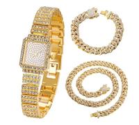HALUKAKAH Enfants Montre Diamant Étincelant Etoilé:Plaqué Or Véritable 18K,Cadran Rectangulaire Élégant et Décontracté,Plein Diamants,Montre Quartz Bracelet Inoxydable,avec Chaînes Cubaines 18+40cm
