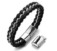 HALUKAKAH Enfants ● Solo Junior ● Garçon Bracelet Cuir Véritable de Main Noir 6-12+3 Ans Chaîne Argent Titane Acier Fermoir Magnétique Taille Ajustable 7"-7.7"(18-19.5cm) avec Le Boîte-Cadeau Gratuit