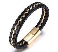 HALUKAKAH Enfants ● Solo Junior ● Garçon Bracelet en Cuir Véritable de Main Noir 6-12 Ans Chaîne Or Titane Acier Fermoir Magnétique 7"/18cm avec Le Boîte-Cadeau Gratuit