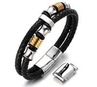 HALUKAKAH Enfants ● Solo Junior ● Garçon Bracelet en Cuir Véritable de Main Noir 6-12 Ans Perles d'argent & d'or Titane Acier Fermoir Magnétique 7-8"/18-19.5cm avec Le Boîte-Cadeau Gratuit