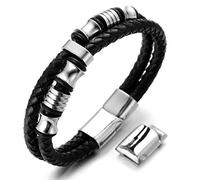 HALUKAKAH Enfants ● Solo Junior ● Garçon Bracelet en Cuir Véritable de Main Noir 6-12 Ans Perles d'or Titane Acier Fermoir Magnétique 7-8"/18-19.5cm avec Le Boîte-Cadeau Gratuit