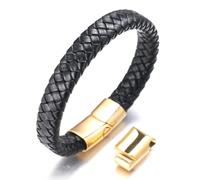 HALUKAKAH Enfants ● Solo Junior ● Garçon Bracelet en Cuir Véritable de Main Noir Classique 6-12 Ans Fermoir Magnétique en Titane Acier D'or Taille Ajustable 7"-7.7"(18-19.5cm) avec Le Boîte-Cadeau