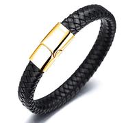 HALUKAKAH Enfants ● Solo Junior ● Garçon Bracelet en Cuir Véritable de Main Noir Classique 6-12 Ans Fermoir Magnétique en Titane Acier d'or 7"/18cm avec Le Boîte-Cadeau Gratuit