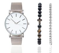 HALUKAKAH Ensemble Montre Homme Minimaliste en Acier Inoxydable Platine - avec Bracelet en Perles d'Hématite Plaqué Or,Bracelet en Perles de Pierre Naturelle Oeil de Tigre Croix,Ensemble de 3