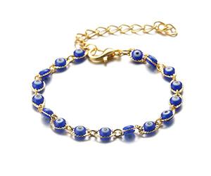 HALUKAKAH Evil Eye Bracelet for Women Men,24k Real Yellow Gold/Platinum Plated Elastic Handmade Protection Mal de Ojo Jewelry Flower Eye Turquoise/Crystal/Agate Bracelet with Free Giftbox