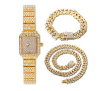 Halukakah Femmes Montre-Bracelet Diamant,Plaqué Or Véritable 18K,Plein Diamants Scintillants Étoilés,Cadran Rectangulaire,Élégant Décontracté,Montre Quartz Bracelet Inoxydable,Chaînes Cubaines 18+40cm