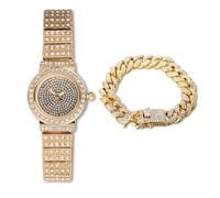 HALUKAKAH Femmes Montre-Bracelet Diamant,Plaqué Or Véritable 18K,Plein Diamants Scintillants Étoilés,Cadran Rond,Élégant & Décontracté,Montre Quartz Bracelet Inoxydable,avec Chaîne Cubaine 18cm