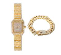Halukakah Femmes Montre-Bracelet Diamant,Plaqué Or Véritable 18K,Plein Diamants Scintillants Étoilés,Cadran Rectangulaire,Élégant Décontracté,Montre Quartz Bracelet Inoxydable,avec Chaîne Cubaine 18cm