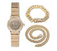 HALUKAKAH Femmes Montre-Bracelet Diamant,Plaqué Or Véritable 18K,Plein Diamants Scintillants Étoilés,Cadran Rond,Élégant & Décontracté,Montre Quartz Bracelet Inoxydable,avec Chaînes Cubaines 18+40cm