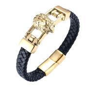 HALUKAKAH Gold Bracelet for Men, Solid 24k Gold Plated Titanium Steel Wolf Lion Leopard Wild Animal Viking Handmade Leather Bracelet Magnetic Clasp 21.5cm, Free Giftbox