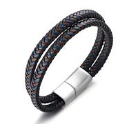 HALUKAKAH ● Golf ● Homme Cuir Véritable Bracelet Tressé Bleu mélanger Marron Double Tour Argent Fermoir Magnétique en Titane Taille Ajustable 21.5-23cm avec Coffret Cadeau Gratuit