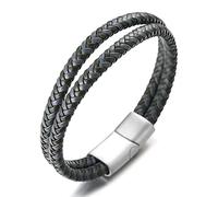 HALUKAKAH ● Golf ● Homme Cuir Véritable Bracelet Tressé Grise mélanger Noir Double Tour Argent Fermoir Magnétique en Titane 21.5cm avec Coffret Cadeau Gratuit
