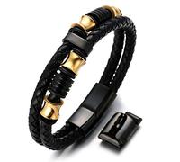 HALUKAKAH Hommes Bracelet Cuir Véritable Titane Perles Doré/Argent/Noir Fermoir Magnétique Solo Argent/Honneur Or/Noir Taille Réglable 21.5-23cm Coffret Cadeau Gratuit (Or Noir 21.5-23cm)