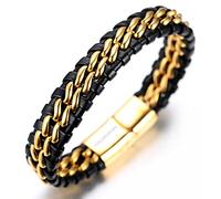 HALUKAKAH ● Honneur ● Homme Bracelet en Cuir Véritable de Main Noir avec Double Chaîne Argent Fermoir Magnétique en Titane Acier 8.46"(21.5cm) avec Le Boîte-Cadeau Gratuit
