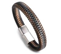 HALUKAKAH ● Jazz ● Homme Bracelet en Cuir Véritable de Main Entreprise Brun Doré Magnétique de Titane Acier 8.46"(21.5cm) avec Le Boîte-Cadeau Gratuit