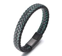 HALUKAKAH ● Jazz ● Le Bracelet de l’Homme en Cuir Véritable Noire Cordon Vert Fermoir Magnétique Titane 21.5cm avec Le Boîte-Cadeau