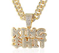 HALUKAKAH ● KING $HIT ● Chaîne Or pour Homme Plaqué Or Réal 18k Iced Out Collier Pendentif,Plein Cz Lab Diamants Ensemble de Griffes,14mm Chaîne à Maillons Cubaine 45cm,Coffret Gratuit