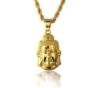 HALUKAKAH ● l'or Bénisse Tous ● Hommes Plaqué Or Véritable 18 Carats Tête de Bouddha Pendentif Collier Ensemble de Diamants Artificiels,avec 3mm Chaîne de Corde 75cm,avec Le Boîte-Cadeau Gratuit