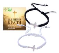Halukakah Lot de 2 Bracelets Croix de Amitié pour Enfants - Bracelets Ajustable en Corde Tressée Noir&Blanc - Bracelets Assortis pour Garçons,Filles,Meilleurs Amis -Bracelets Porte-bonheur Kabbale BFF