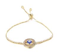 HALUKAKAH Mauvais œil Bracelet pour Femme,Plaqué Or Jaune 18K Plein Diamant Oeil Bleu Rond Taille de Chaîne Réglable jusqu'à 23cm Bijoux Fait Main Japonais avec Boite Cadeau Gratuit