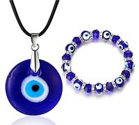 HALUKAKAH Mauvais œil Collier Bracelet Ensemble pour Homme Femme,Résine Saphir Pendentif Oeil Bleu Corde de Cire Plaqué Platine Perles de Pierre Protection Mal de Ojo Bijoux avec Coffret Cadeau