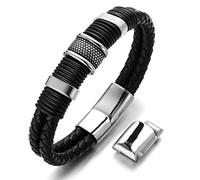 HALUKAKAH Men's Leather Bracelet ● Honour ● 18k Real Gold/Platinum Plated Titanium Beads Golden Silver Black Magnetic Clasp 2 Sizes 21.5+1.5cm Gift for Men