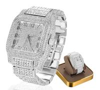 HALUKAKAH Montre Diamant Moissanite pour Hommes - Plaqué Or Blanc Platine,Imperméable Base,Cadran Carré à Chiffres Romains,200G Fabrication Lourde,3 Côtés Iced Out,Bracelet 22cm - Boîte-Cadeau Inclus