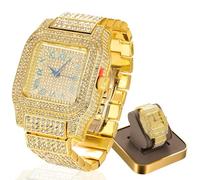 HALUKAKAH Montre Diamant Moissanite pour Hommes - Plaqué Or Véritable 18k,Imperméable Base,Cadran Carré à Chiffres Romains,200G Fabrication Lourde,3 Côtés Iced Out,Bracelet 22cm - Boîte-Cadeau Inclus