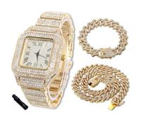 Halukakah Montre Diamants Iced Out pour garçon et adolescent - Plaqué or véritable/platine 18 carats - Cadran carré de 40 mm - Longueur 20,3 cm - En option avec chaîne à maillons cubains et outil de