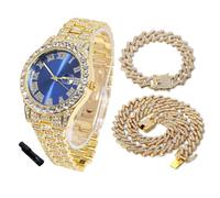 HALUKAKAH Montre Diamants Iced Out pour Garçons Ados - Plaqué Or 18 Carats, Cadran Bleu 42mm, Longueur 20cm, avec Chaînes Cubaines 18+40cm et Outil de Réglage - Boîte-Cadeau en Feuille d'or